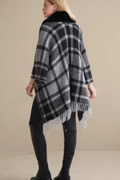 Demetria Plaid Poncho with Fur Collar